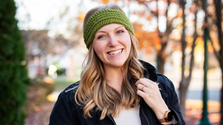Photo of Kim WIlkerson (Knit Julep) wearing a green knit headband.Profile Picture